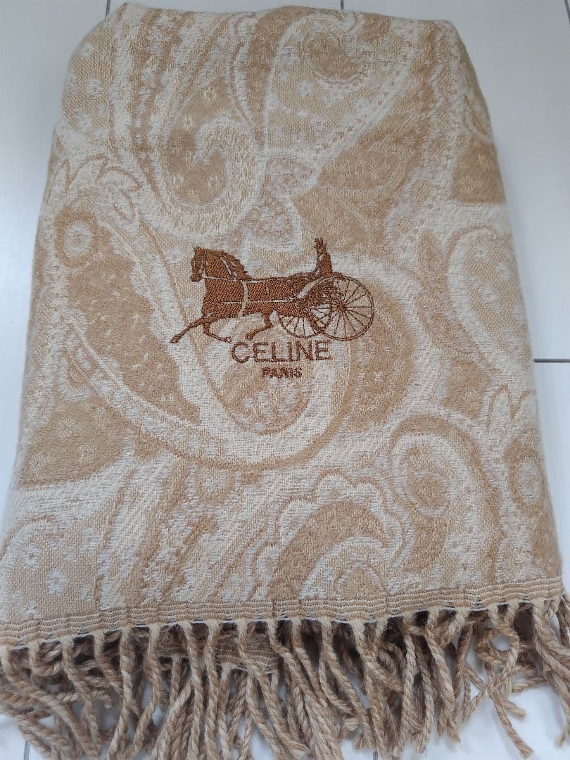 CELINE ペイズリー柄 ベージュ★ウールストールひざ掛け 75x125cm