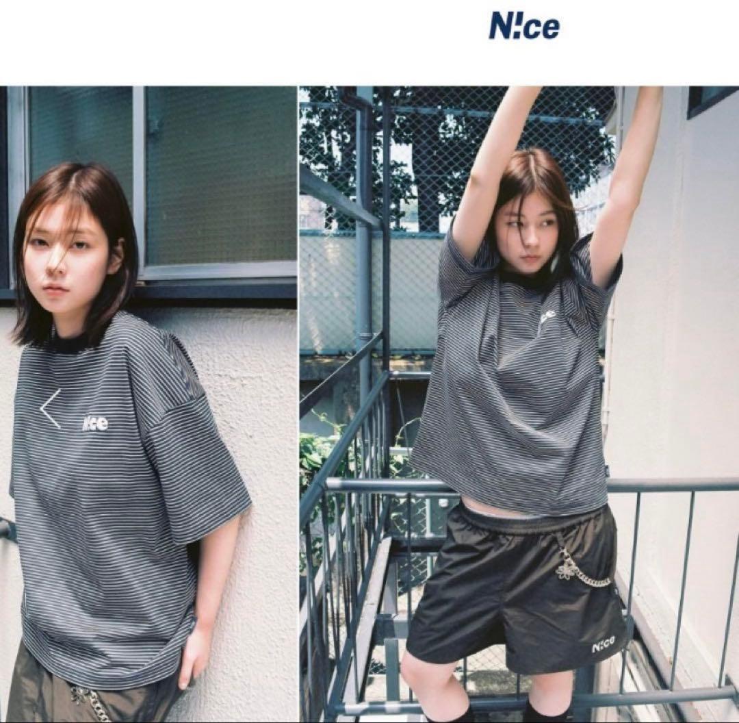 新品タグ付き N!ce round logo tee navy ボーダーTシャツ