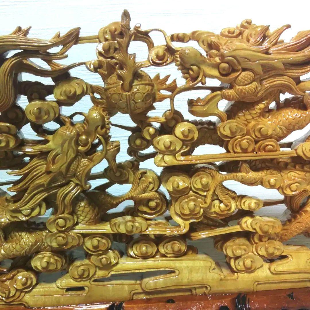 2PAC出荷　　双龍　龍　置物　木彫　透かし彫　中国　木製　レ10