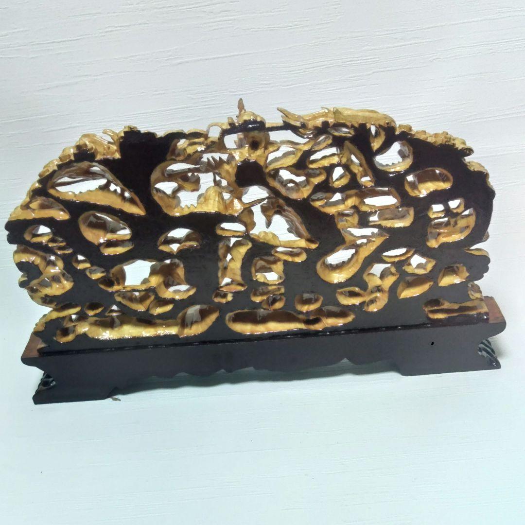 2PAC出荷　　双龍　龍　置物　木彫　透かし彫　中国　木製　レ10