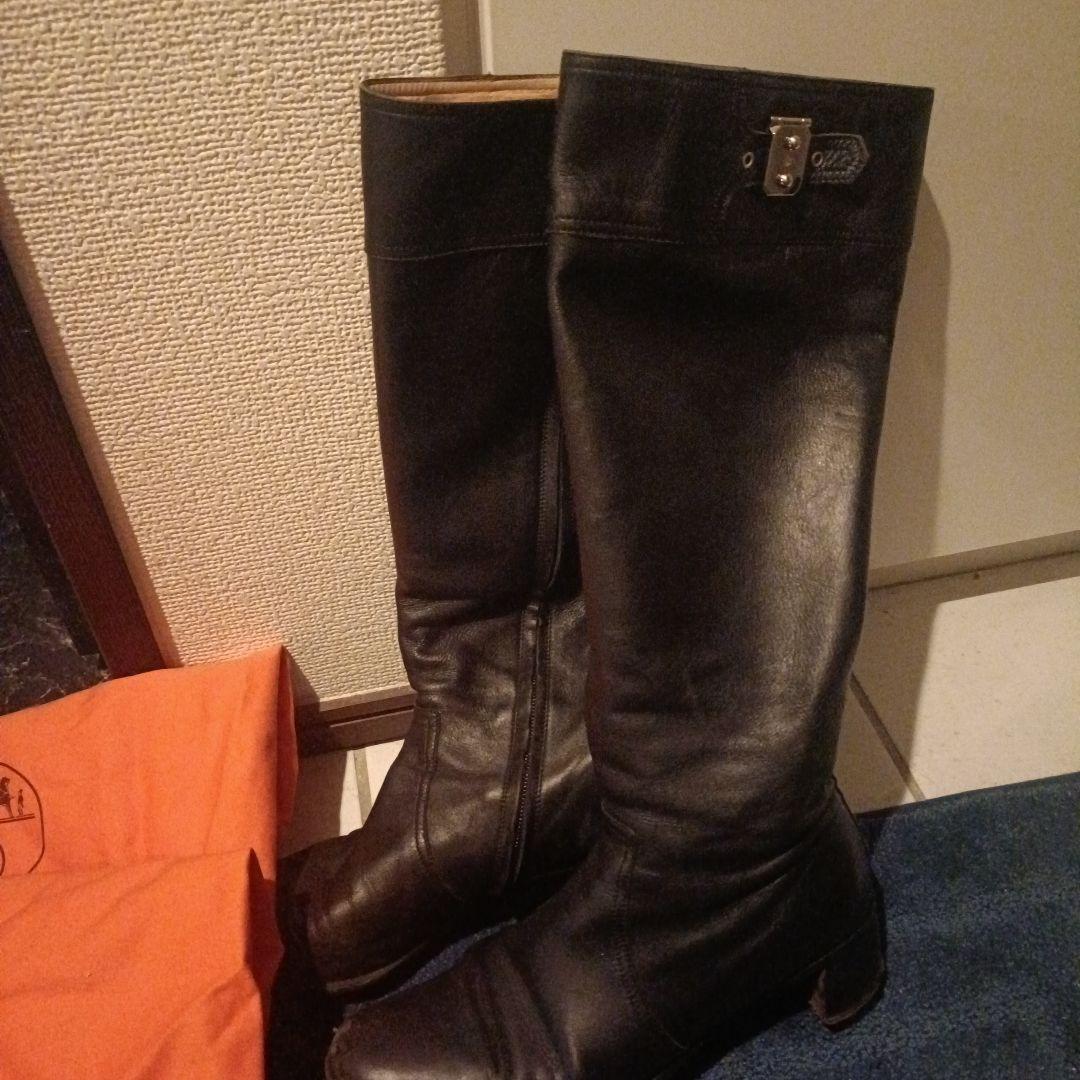 HERMES　黒 レザー ロングブーツ ジッパー付き