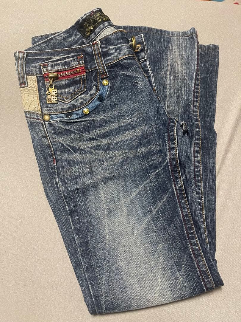 レッドペッパージーンズ ブーツカットデニム ダークブルー ダメージ加工