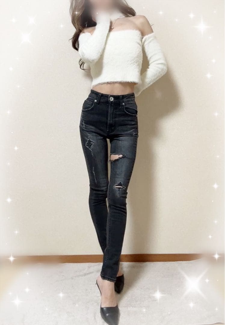 即日発送！GYDA ハイウエストthigh highダメージデニムパンツ BK