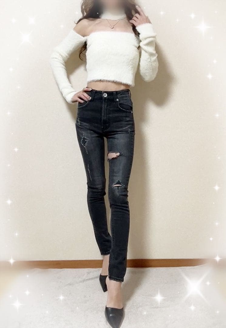 即日発送！GYDA ハイウエストthigh highダメージデニムパンツ BK