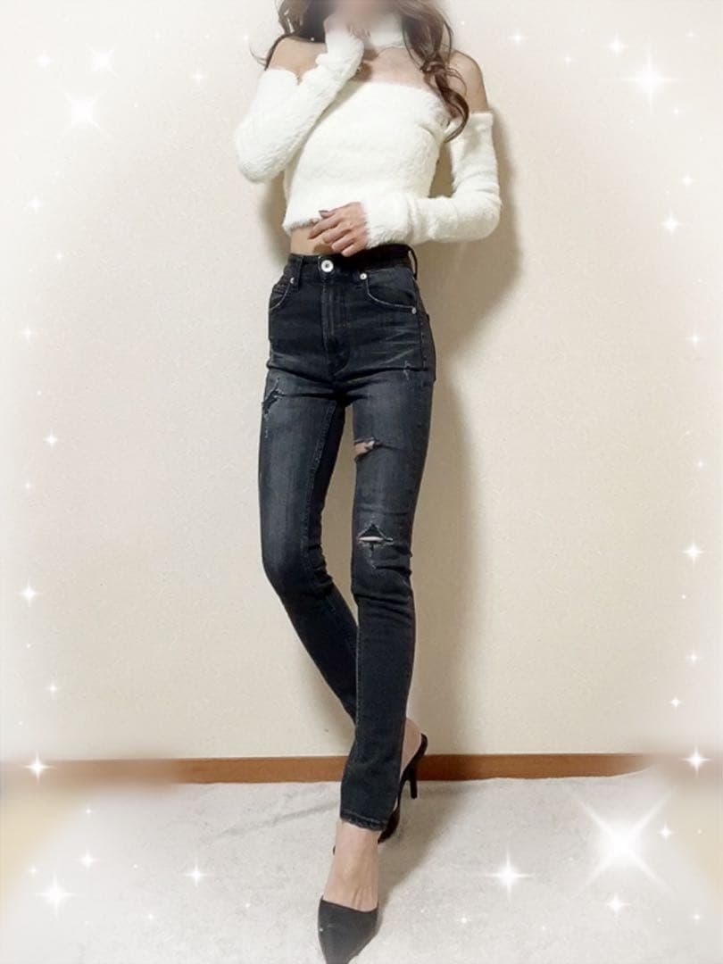 即日発送！GYDA ハイウエストthigh highダメージデニムパンツ BK