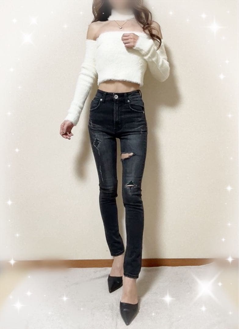 即日発送！GYDA ハイウエストthigh highダメージデニムパンツ BK