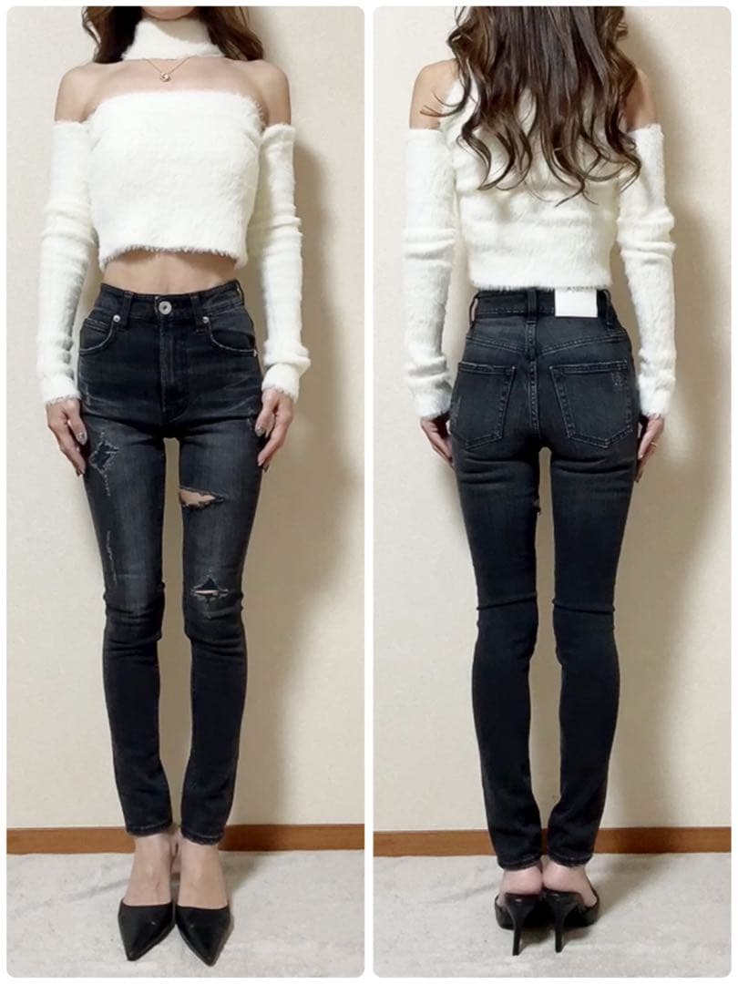 即日発送！GYDA ハイウエストthigh highダメージデニムパンツ BK