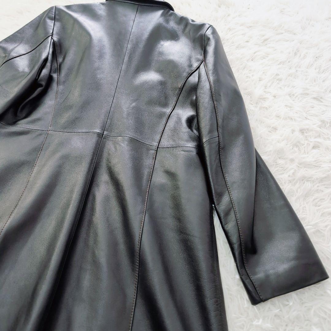 ✨️美品✨️本革　ラムレザー　ロング　レザーコート　上質　L　黒　ステッチ