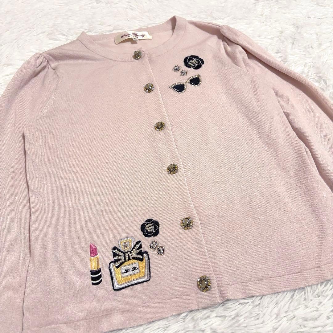 スーパービューティー　ビジュー　香水刺繍　カーディガン　半袖ニット　ピンク