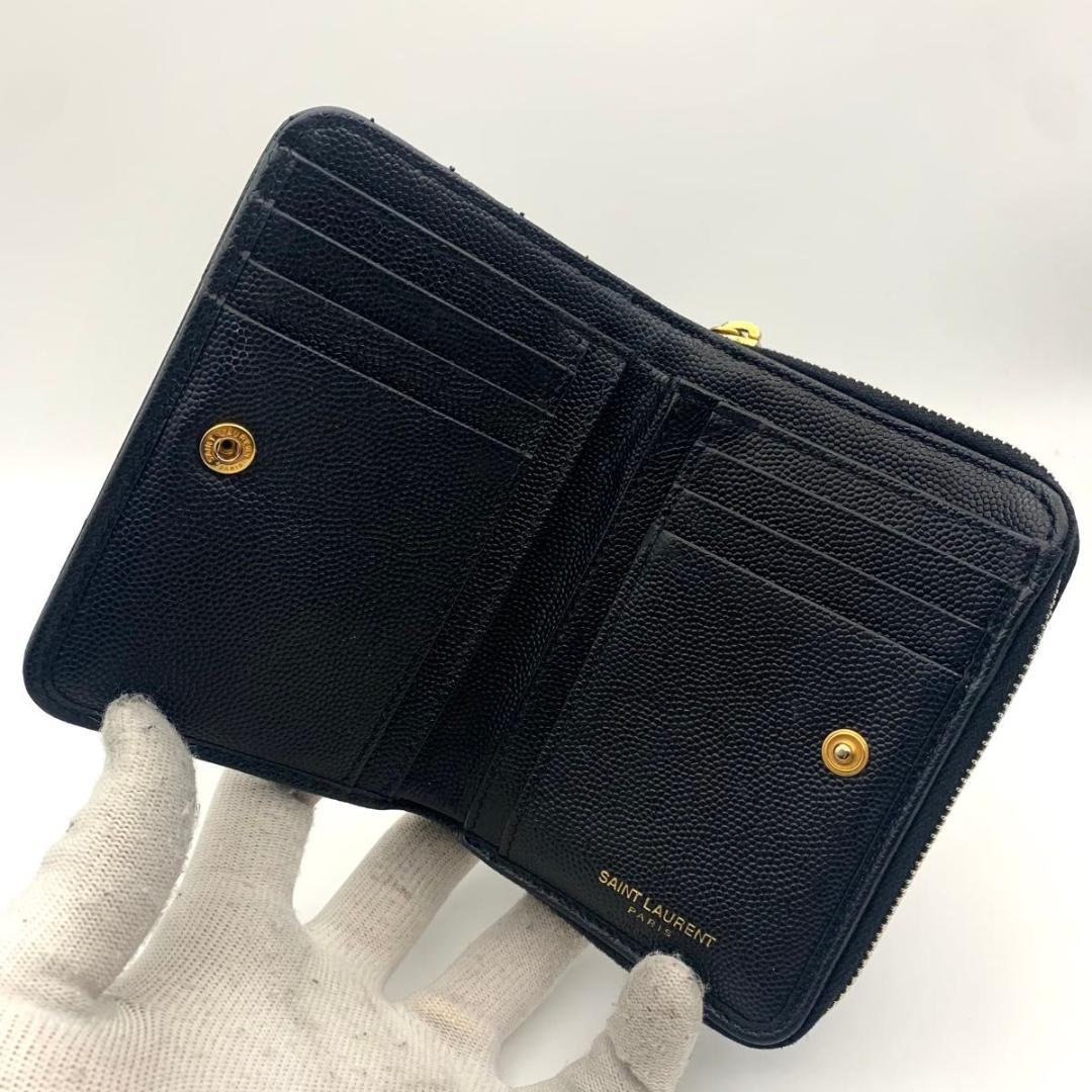 鑑定済み 美品 サンローラン 財布 カサンドラ Vステッチ コンパクト 革 黒