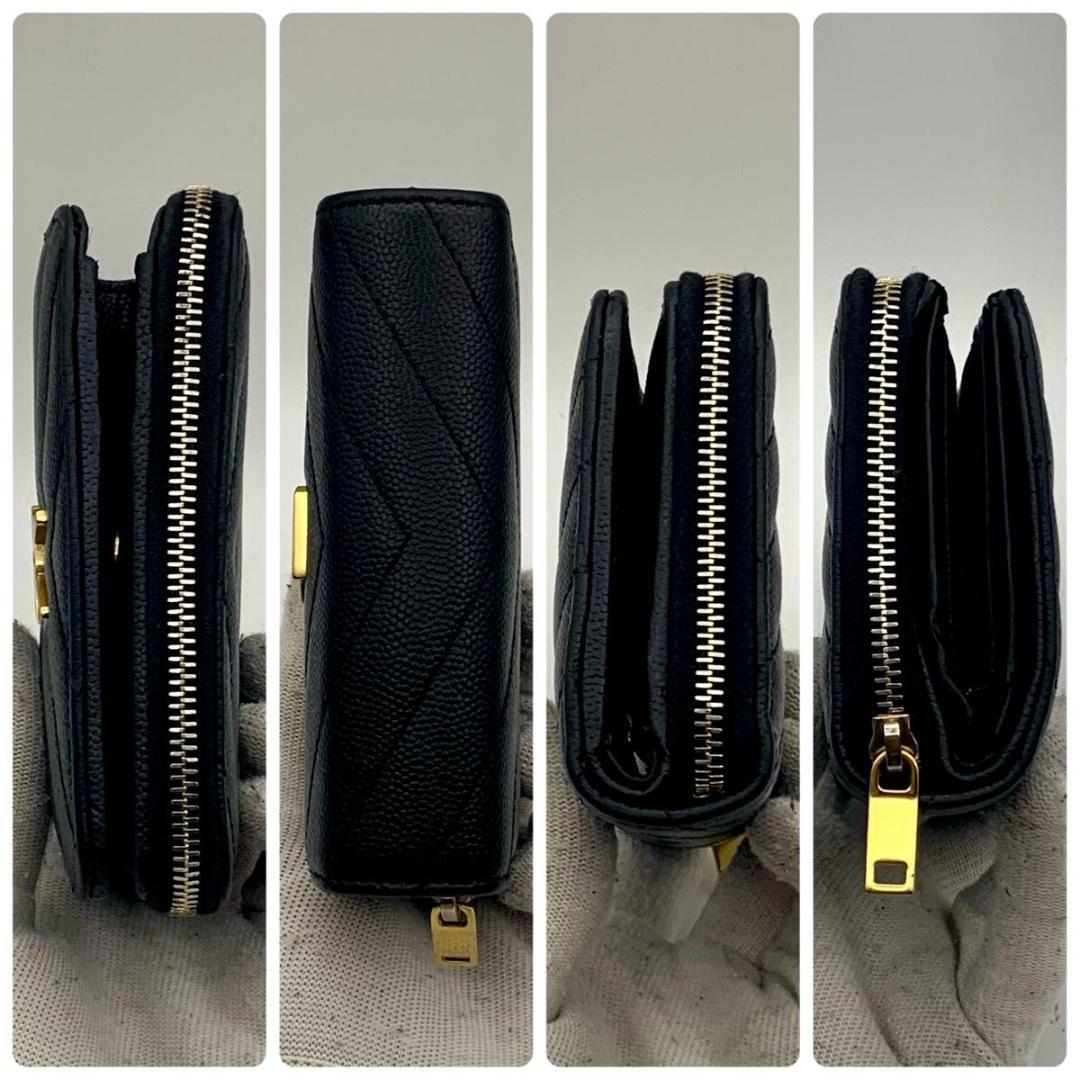 鑑定済み 美品 サンローラン 財布 カサンドラ Vステッチ コンパクト 革 黒
