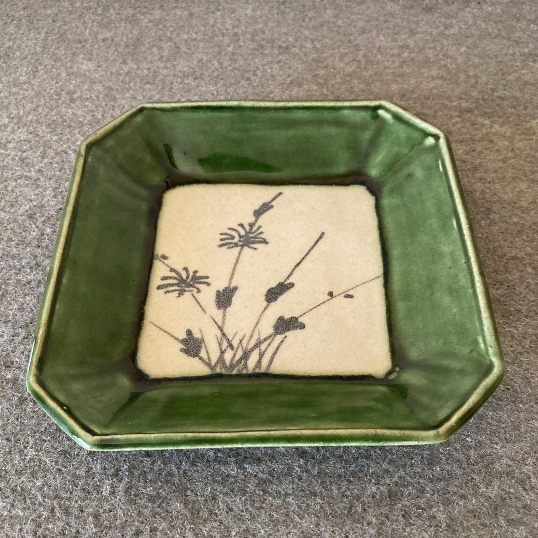 織部　銘々皿　12枚セット　角形　陶芸　手作り　ハンドメイド　陶器　草花文
