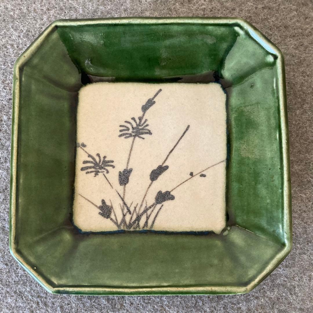 織部　銘々皿　12枚セット　角形　陶芸　手作り　ハンドメイド　陶器　草花文