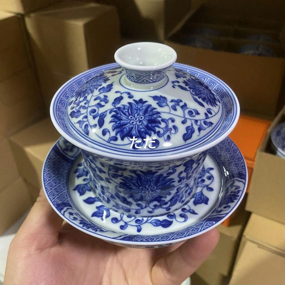 中国茶器 景徳鎮 陶磁器 七丞堂青花点絵巻枝蓮三才蓋碗 茶杯 煎茶器 未使用品