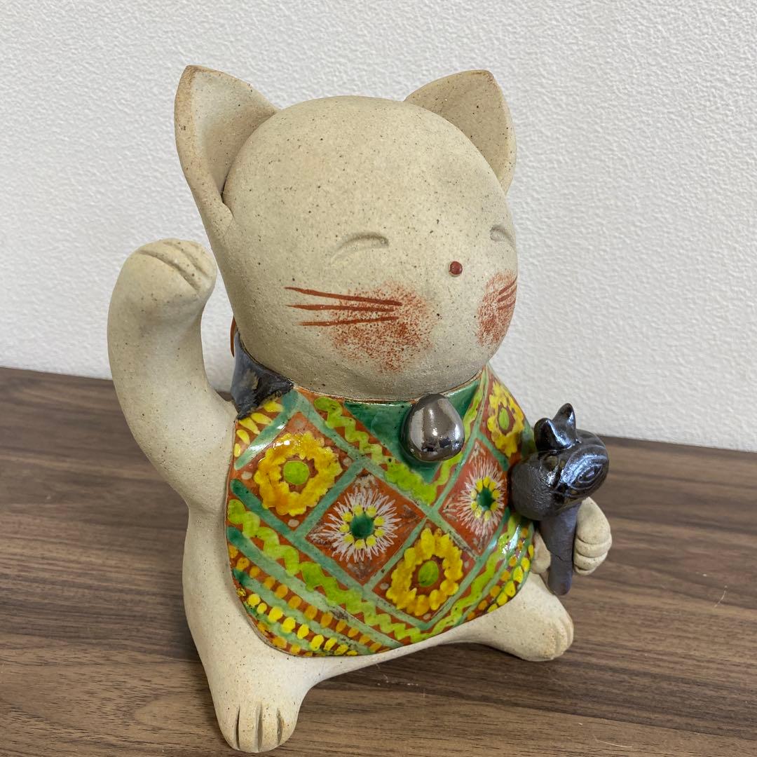 益子焼　加藤 麻里作 陶器　猫　ネコ　招き猫　約19センチ