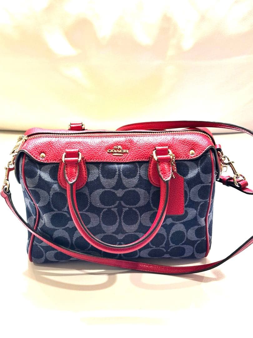 Coach /ボストンバッグ ネイビーとレッド/コーチ/デニム生地ミニボストン