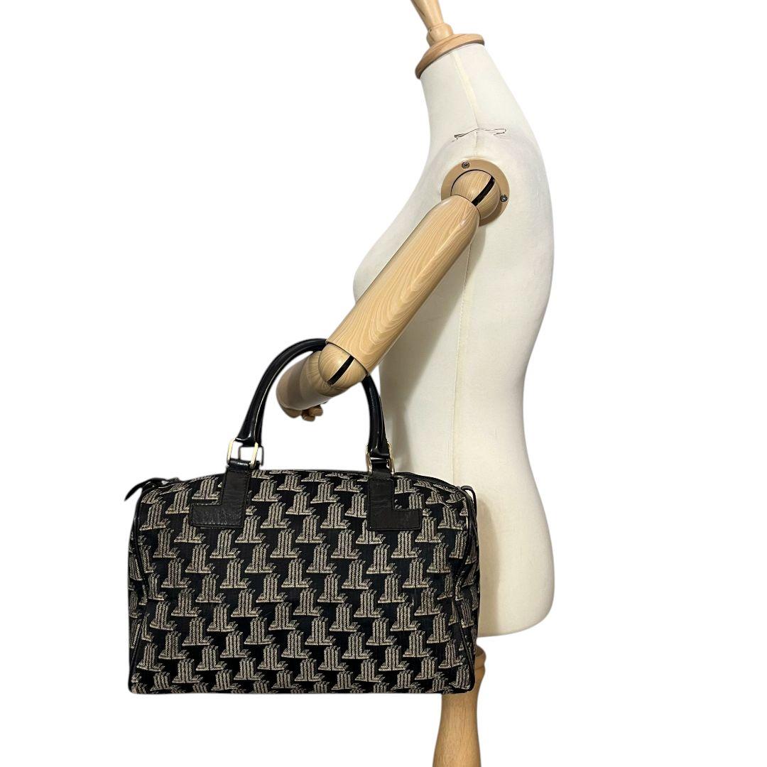 美品　ランバン　ミニボストンバッグ　ジャガード　レザー　総柄　腕掛　黒　ベージュ
