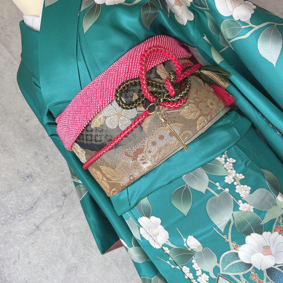 振袖　フルセット　金彩加工　綸子　大人かわいい　緑　成人式　m5