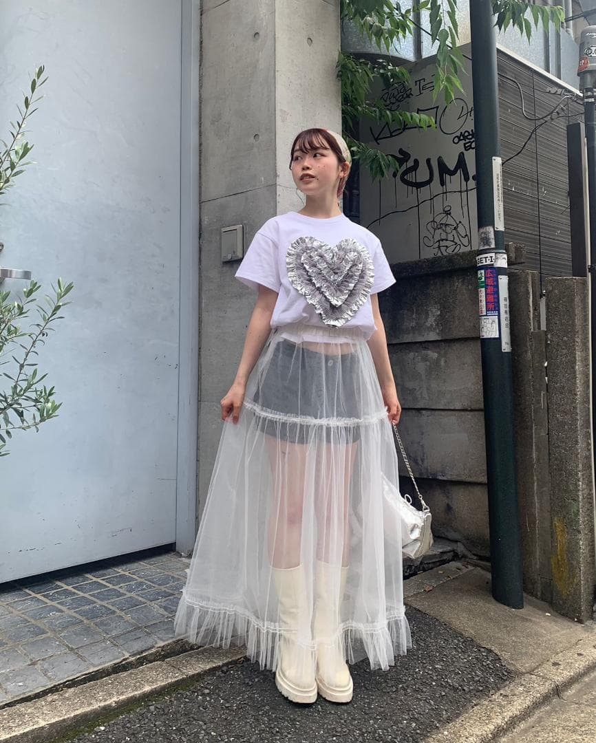POPPY あさぎーにょ HEART TULLE T-SHIRT (WHITE)