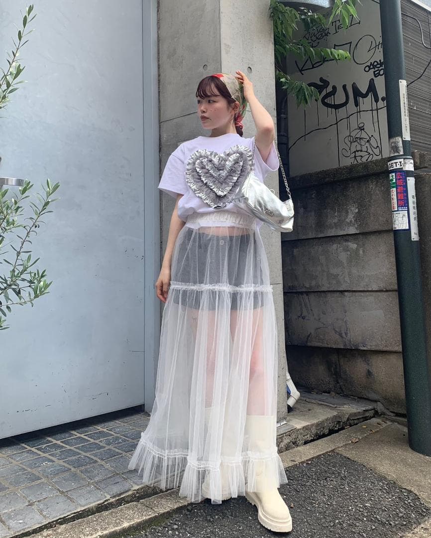 POPPY あさぎーにょ HEART TULLE T-SHIRT (WHITE)