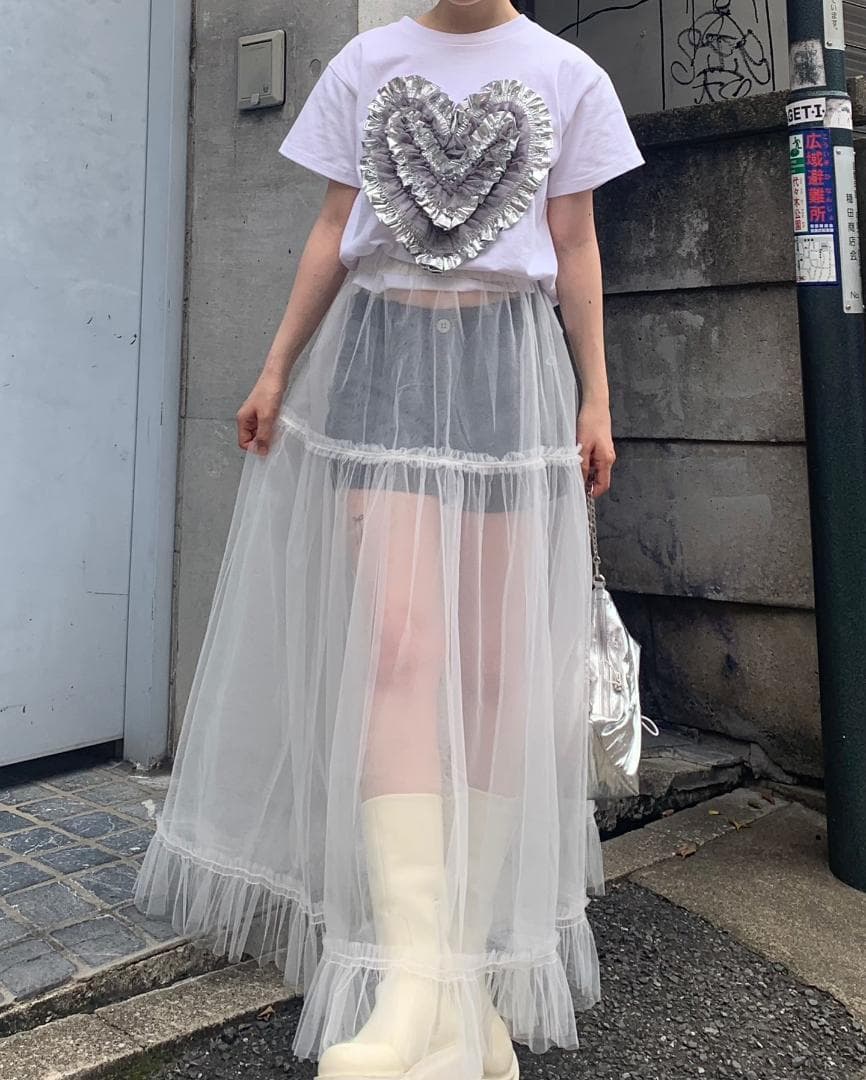 POPPY あさぎーにょ HEART TULLE T-SHIRT (WHITE)