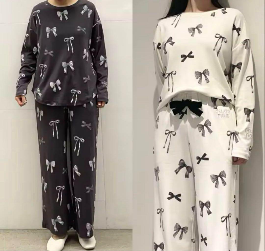 新品ジェラートピケリボン柄プルオーバー&ロングパンツ上下セット