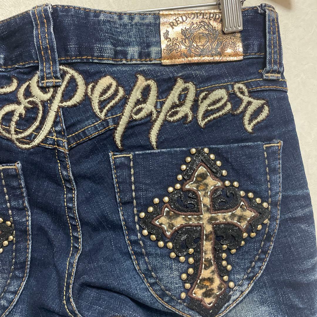 レッドペッパー　デニム　ボア　十字架 ローライズ　ロゴ刺繍 ヒョウ柄　豹柄　平成