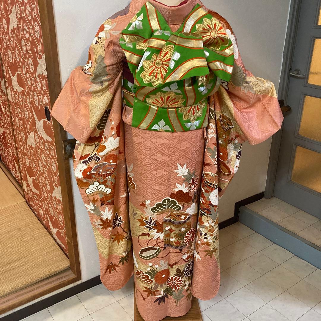 貝桶柄ののサーモンピンクのお振袖(Lサイズ)長襦袢付きフルセット
