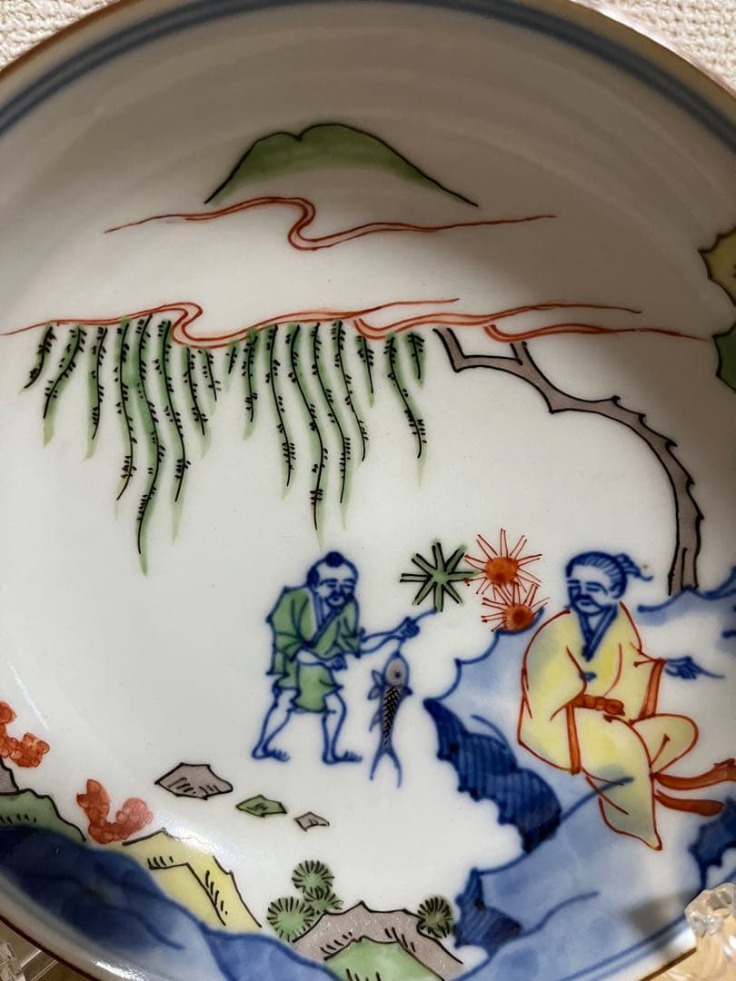 中国美術　清〜民国期粉彩古染付 花鳥文と人物図赤絵中皿時代物