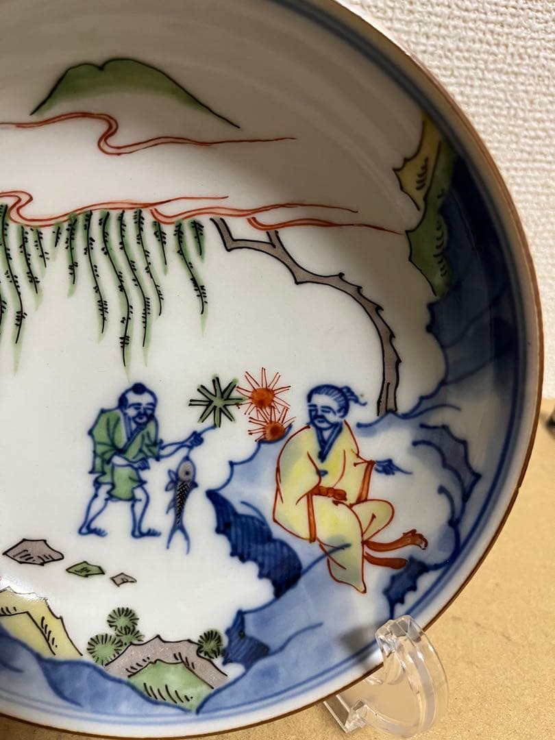 中国美術　清〜民国期粉彩古染付 花鳥文と人物図赤絵中皿時代物