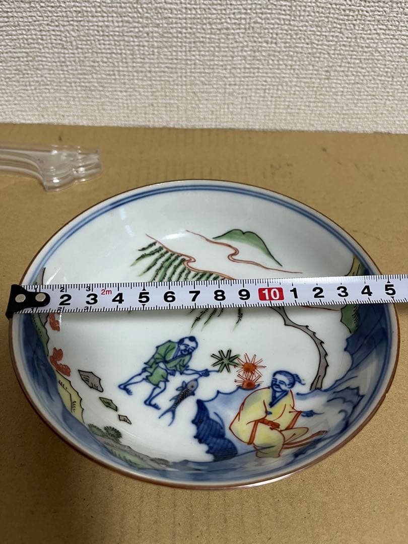 中国美術　清〜民国期粉彩古染付 花鳥文と人物図赤絵中皿時代物