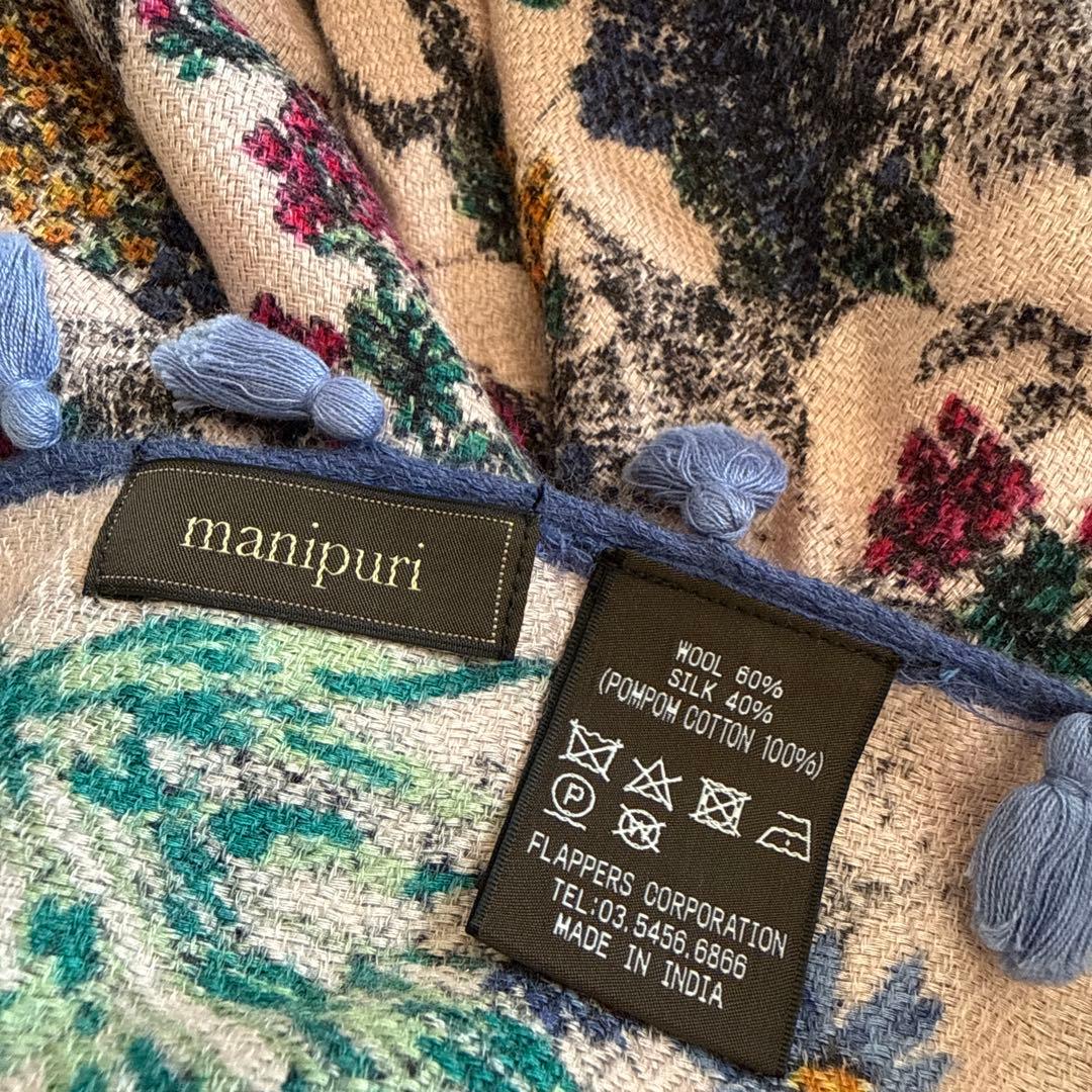 美品！素敵◎マニプリ ウールシルク大判ストール 淡ピンク フリンジ 花柄