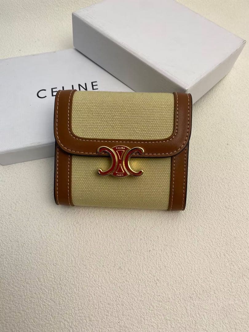 CELINE三つ折り財布 ベージュとブラウン キャンバス