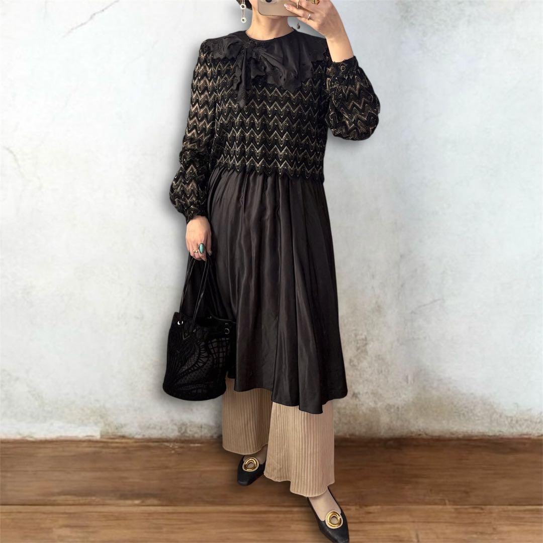 ヴィンテージ レトロ古着 孔雀刺繍レースデザインワンピース ブラック 黒