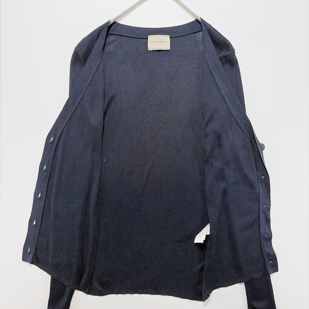 UNITED ARROWS シルク100％ リブVネック カーディガン ネイビー