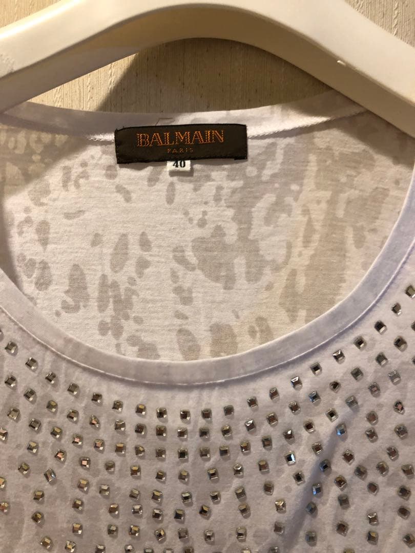 美品　BALMAIN バルマン　薄手半袖　白　カットソー　ジルコニアビーズ