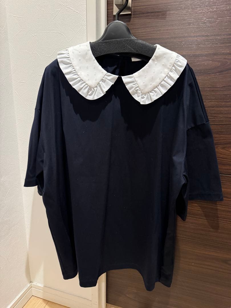 yori ヨリ　フロッキードット丸襟Tee ネイビー