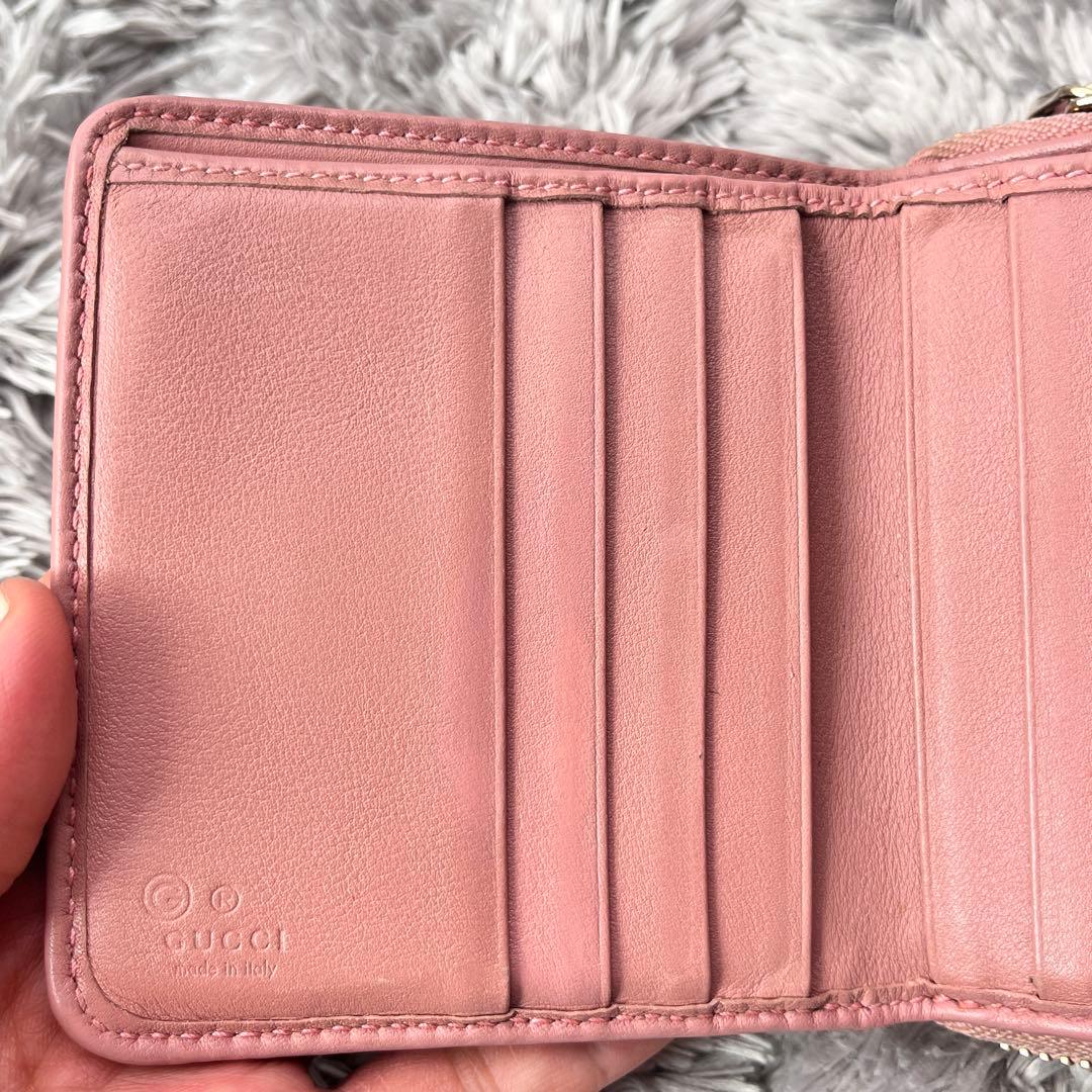 良品　GUCCI マイクロシマ　折り財布　ピンクベージュ　ラウンドジップ