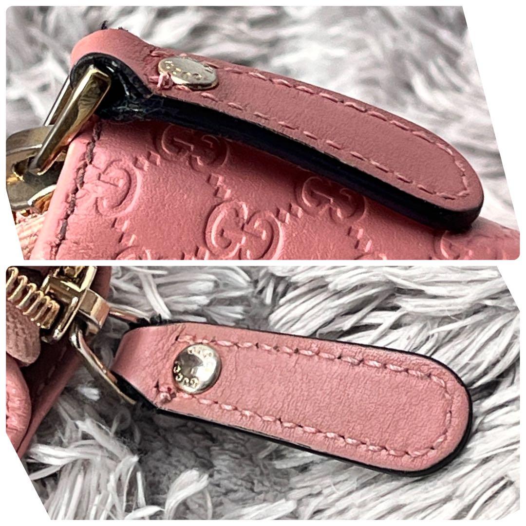 良品　GUCCI マイクロシマ　折り財布　ピンクベージュ　ラウンドジップ