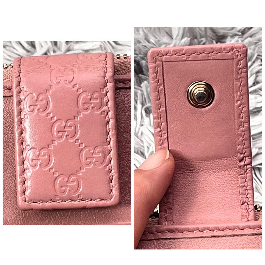 良品　GUCCI マイクロシマ　折り財布　ピンクベージュ　ラウンドジップ