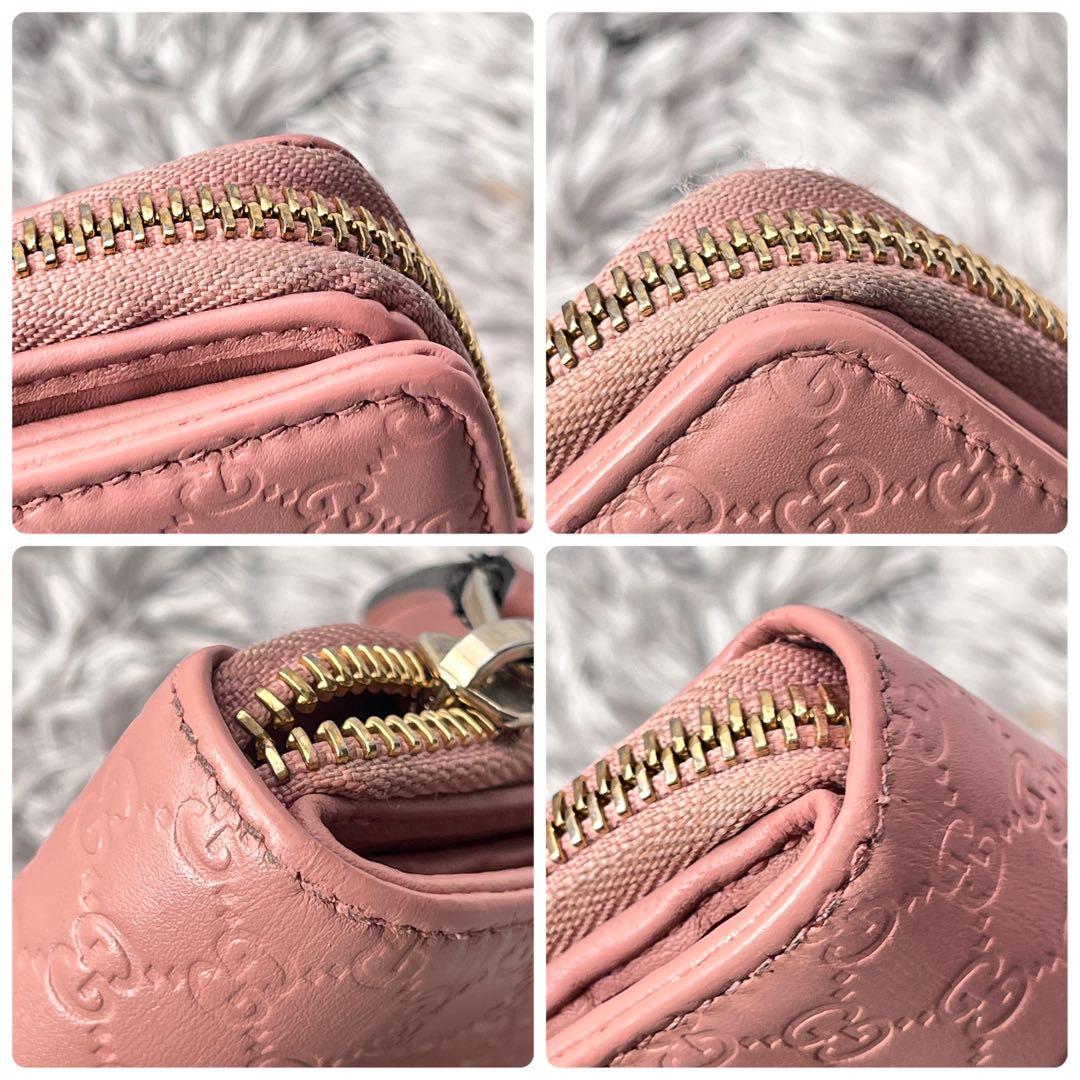 良品　GUCCI マイクロシマ　折り財布　ピンクベージュ　ラウンドジップ