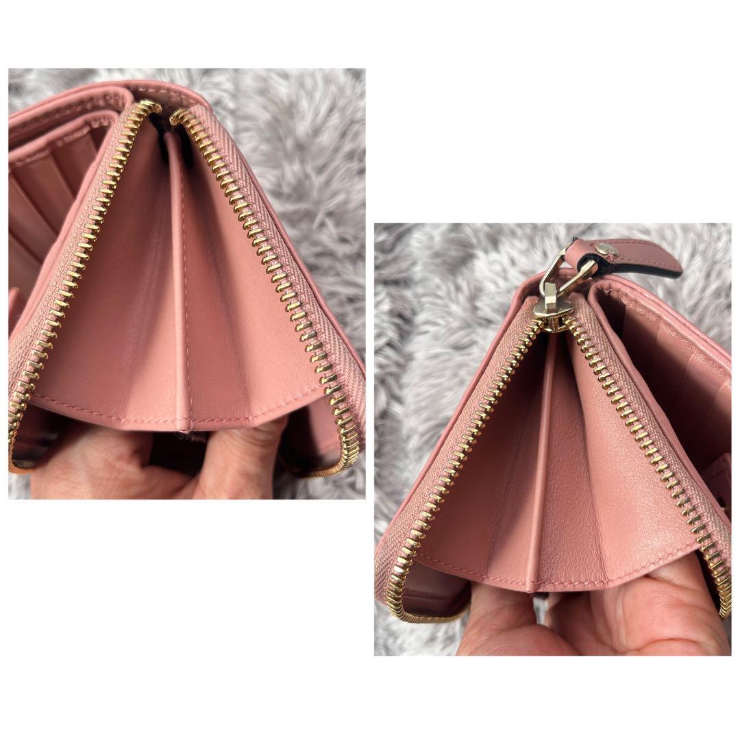 良品　GUCCI マイクロシマ　折り財布　ピンクベージュ　ラウンドジップ