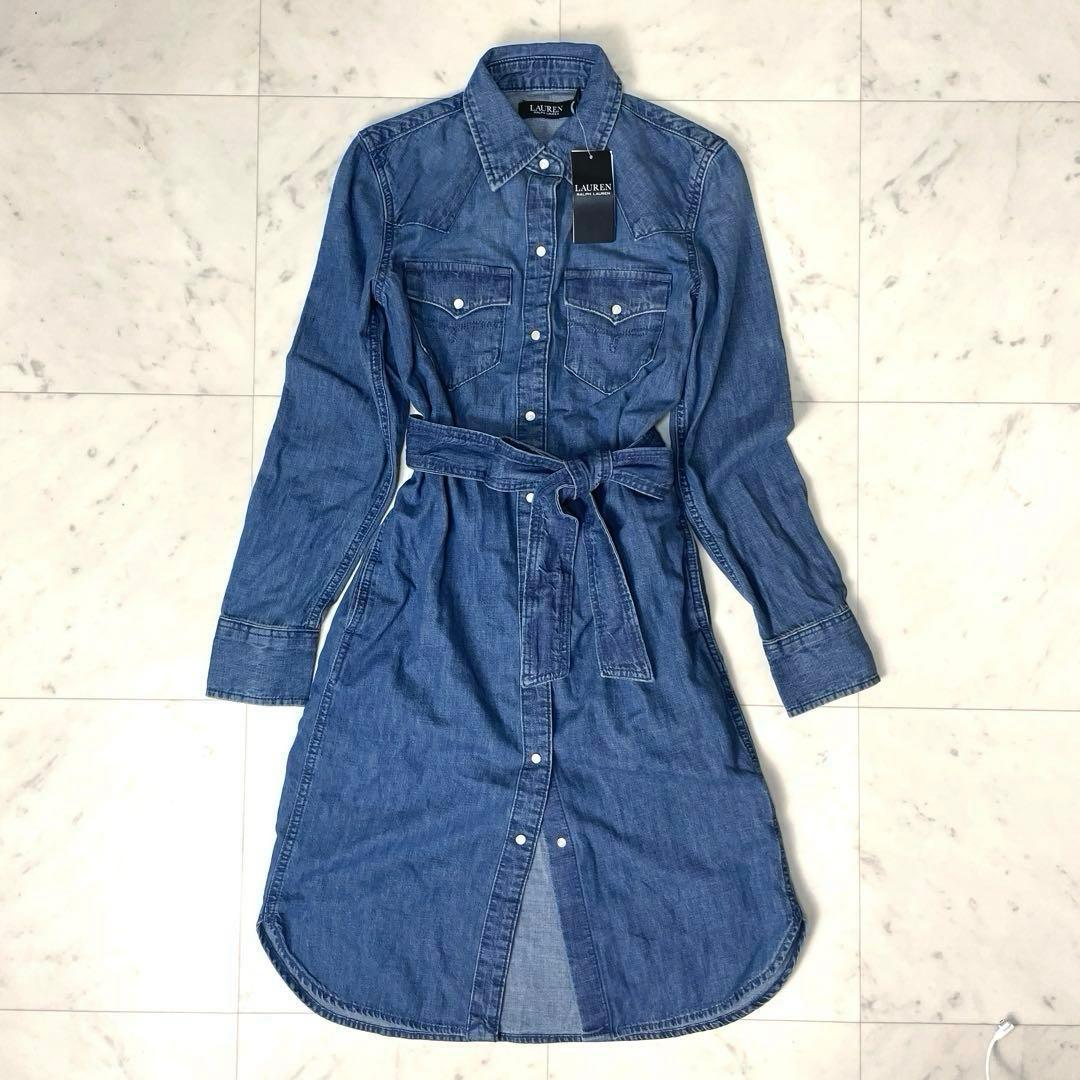 【新品未使用】ローレンラルフローレン 現行 デニムシャツワンピース 0 ブルー