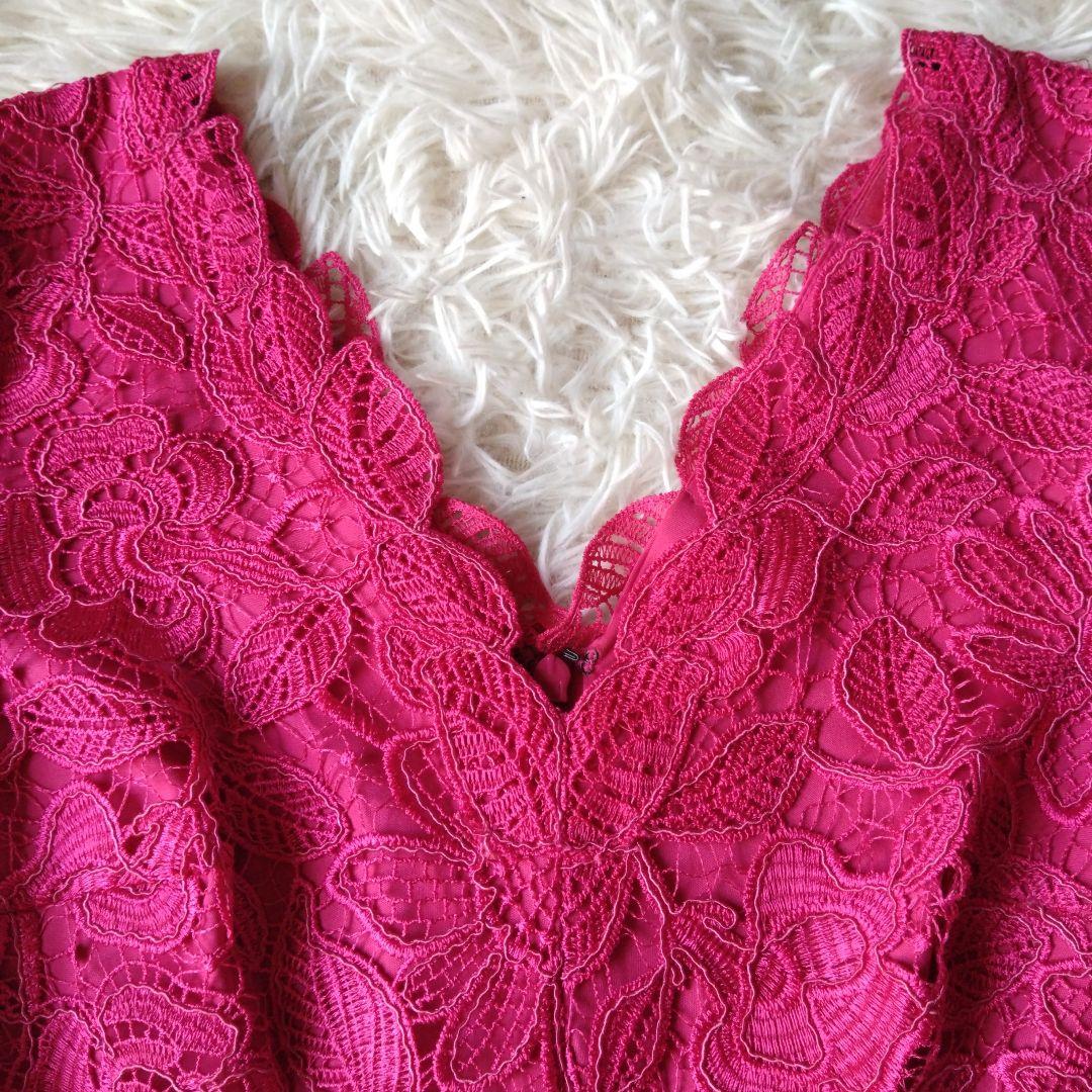 タダシショージ　ワンピース　ピンク　　フラワーレース　コード刺繍