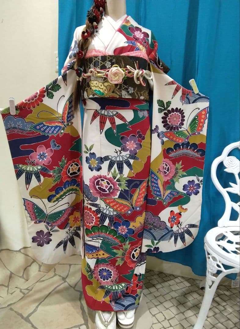 振袖フルセット、正絹京紅型振袖、落款重ね衿帯揚げ帯締め、西陣袋帯襦袢、ガード加工