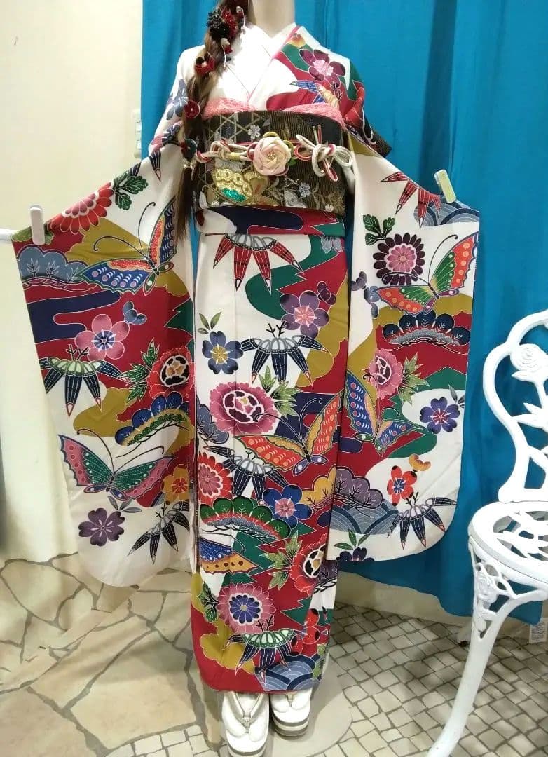 振袖フルセット、正絹京紅型振袖、落款重ね衿帯揚げ帯締め、西陣袋帯襦袢、ガード加工
