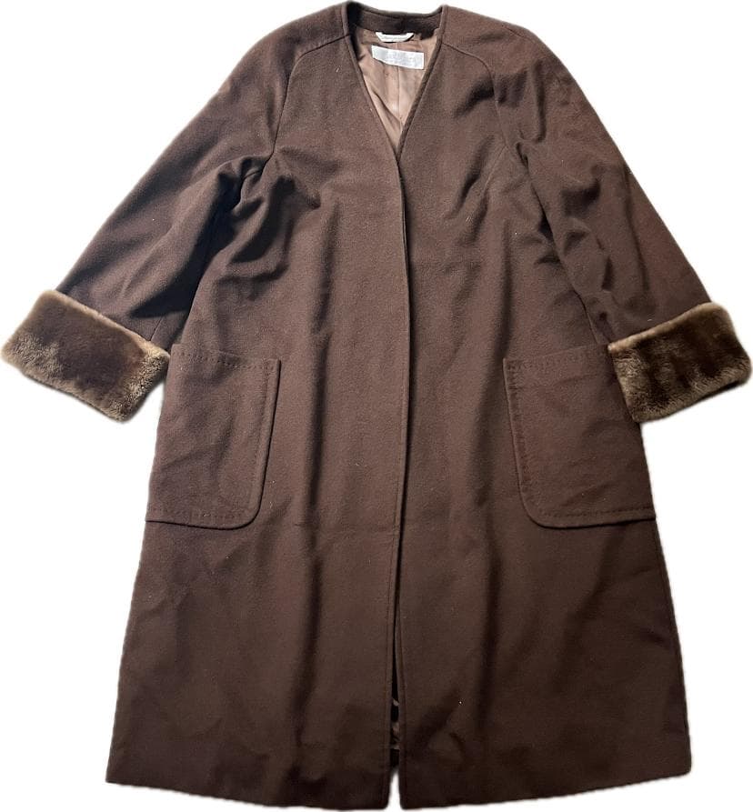 【高級】MaxMara 白タグ カシミヤ100% ロングコート ファー袖 40