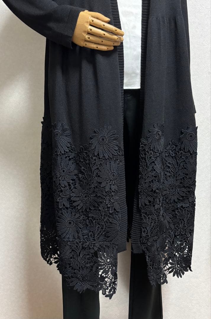 【新品】 Lascolinas フラワーレース ロングニットカーディガン M〜L