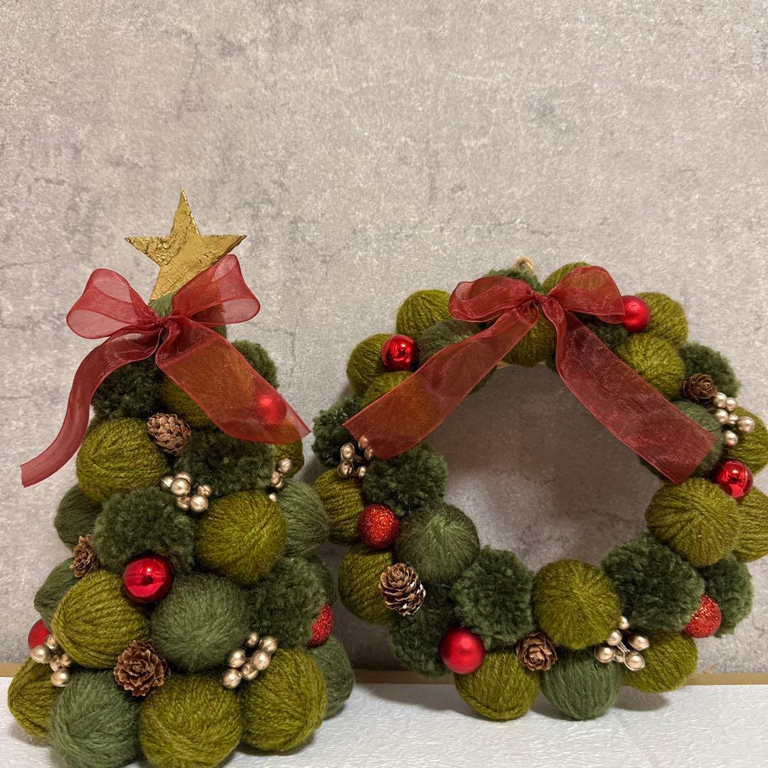 毛糸玉リース　クリスマスリース　クリスマスツリー　ハンドメイド