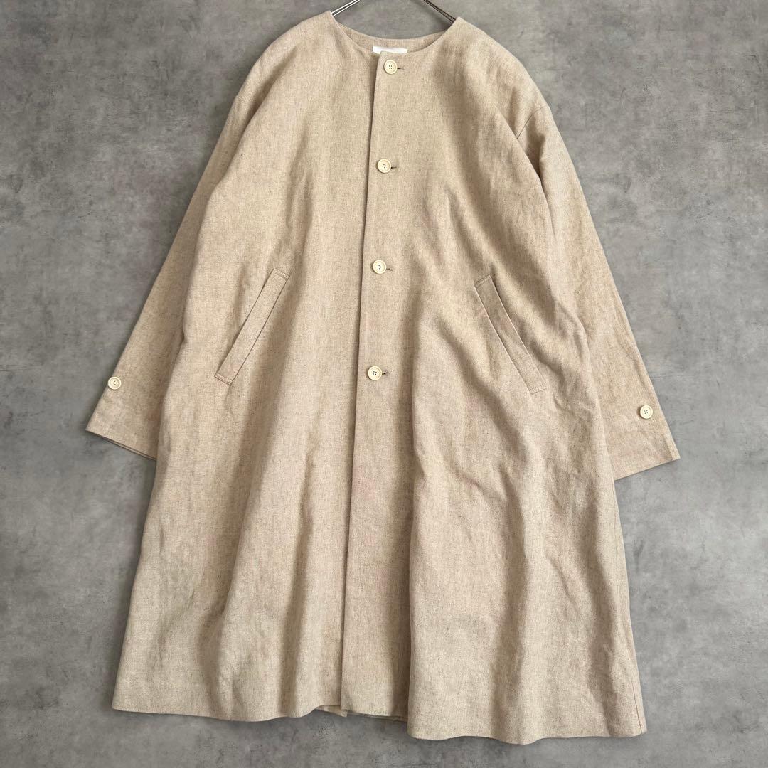 極美品 近年 かぐれ リネン レーヨン テントコート ベージュ ノーカラー 麻